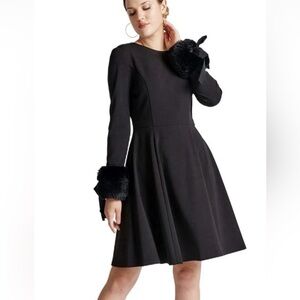 Simona Maghen Caroline Black Crepe Fit & Flare Dress w/ Fur Cuffs Size 4 NWT